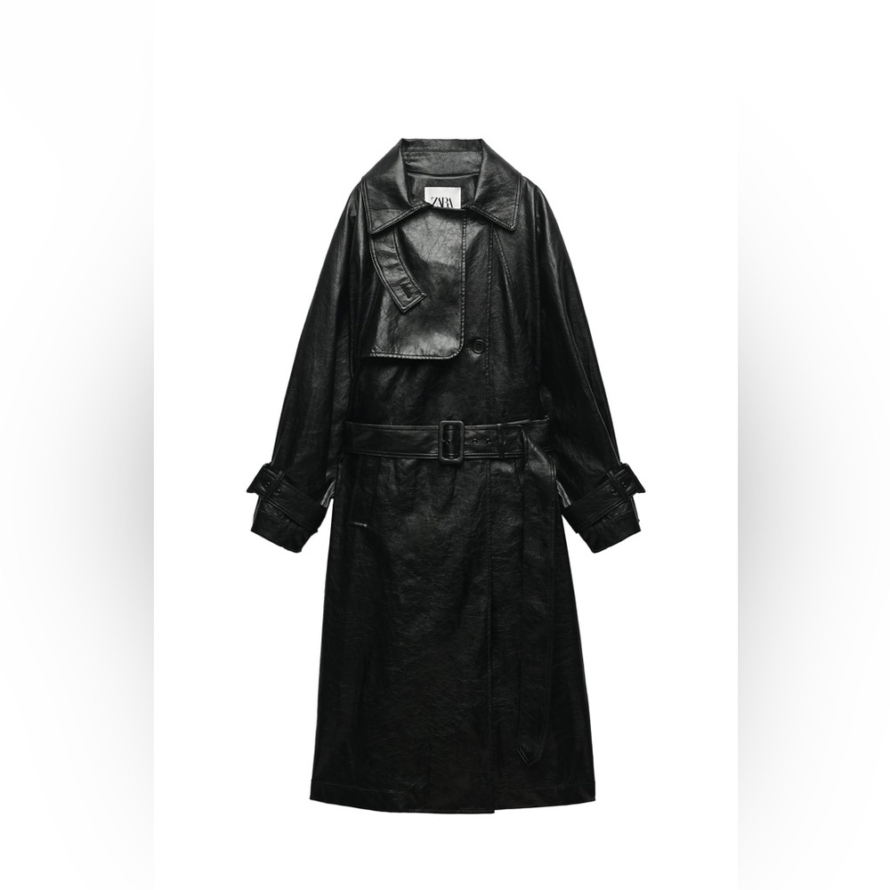 New oversized XS Zara faux leather trench will fit XS S M. Black.